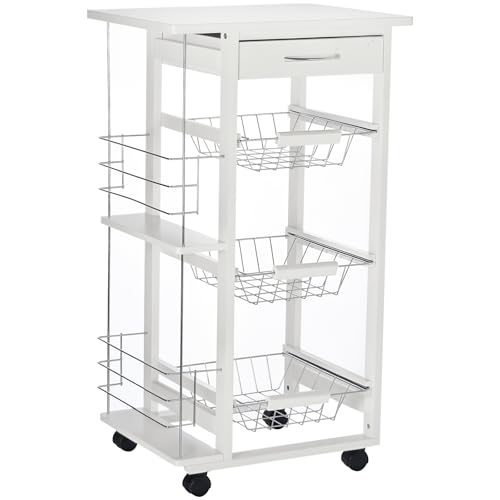 HOMCOM Chariot de Service desserte de Cuisine à roulettes Multi-rangements 3 paniers métal tiroir + 2 Range-Bouteilles Bois pin Blanc