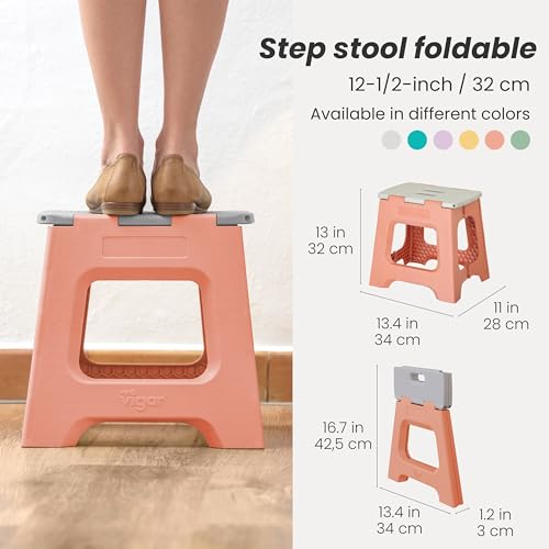Image of Vigar Compact Folding Step Stool, 12-1 /2 in, Orange | 12-1 /2 in Foldable Stool, Lightweight Portable Design, Handle, Non Slip Surface, Space-Saving, Supports up to 330 lb