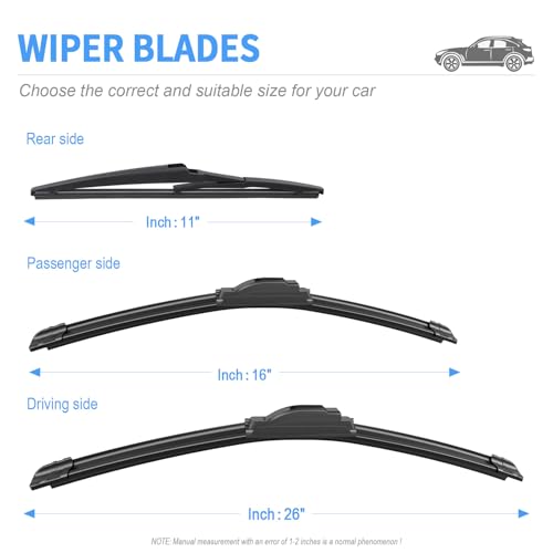 Image of Gavimnal Silicone Wiper Blades Replacement For Hyundai Kona 2018-2023 | 26 inch+16 inch Front & 11 inch Rear, All-Weather, Streak-Free, OE-fit, Quiet, Easy One-Click Install