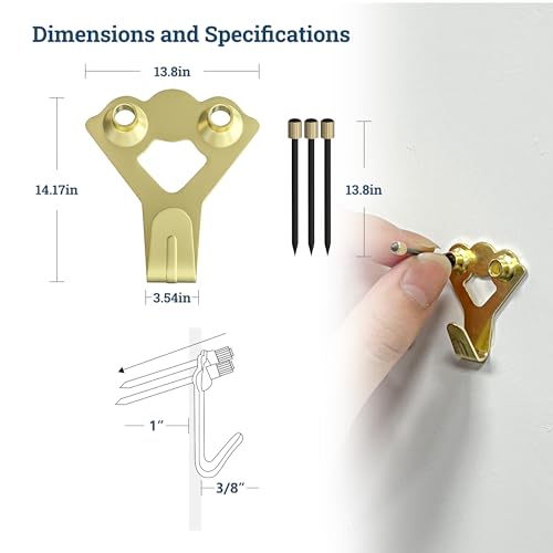 Image of 100 lb Picture Hangers, High-Caliber, Reusable, 10 Set Multipurpose Picture Hanging Kit with Nails, Ideal for Wall Art, Frames, Clocks, and Office Decor on Drywall or Wood inch inch, Gold