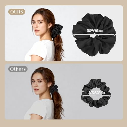 Lolalet Big Satin Scrunchies for Women, 5.9 Inch Large Oversized Scrunchie, Soft Jumbo/Giant Scrunchies Hair Ties for Thick & Curly Hair -4 Pack, Almond/Khaki/Black/Brown
