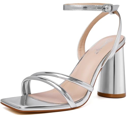 Image of RIBONGZ Block Heels Prom Heeled Sandals for Women Chunky Square Open Toe Strappy High Heels Ankle Strap Wedding Bridal Shoes High Heel Sandals for Party Dress