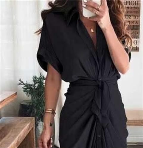 Useagrey Women's Button Down Shirt Dress, V Neck Belted Button Down Elegant Ruched Midi Dresses3