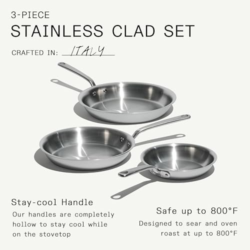 Made In Cookware - 3-Piece (Includes 8",10",12") Stainless Frying Pan Set - 5 Ply Stainless Clad - Professional Cookware - Made In USA - Induction Compatible
