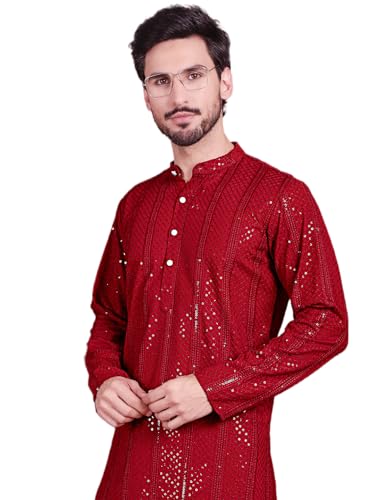 Image of Jompers Men's Regular Fit Rayon Sequins Chikankari Embroidered Kurtas