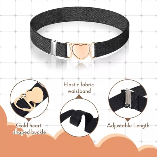 1Pc Black Elastic Waist Belts Girls Belt Adjustable Waist Belts Stretch Belts with Heart Buckle for Pants Jeans Dress3