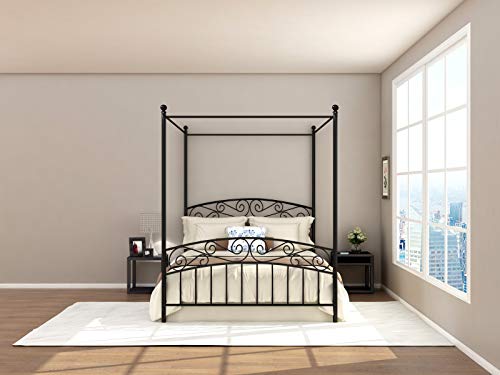 Deluxe Design Queen Size Metal Canopy Bed Frame With Ornate European Style Headboard & Footboard Sturdy Steel Holds Perfectly Fits Mattress Easy Diy Assembly, Black #TOP4