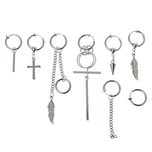 Hacloser 8Pcs Stainless Steel Earing Dangle Set for Women Men Hip Hop Fashion Pendant Charms Simple Dangle Cross Jewelry Hoop Accessories