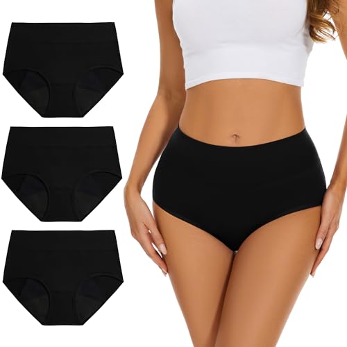 ALLBASE Incontinence Underwear for Women High Absorbency Period Panties Ladies Leakproof Protective Menstrual Postpartum Bladder Control Washable Cotton Briefs Black Multipack