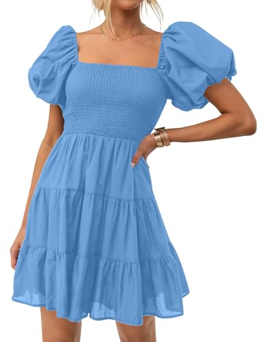 Image of ZESICA Women's Boho 2026 Summer Square Neck Puff Sleeve Off Shoulder Smocked Tiered Casual A Line Short Mini Dress