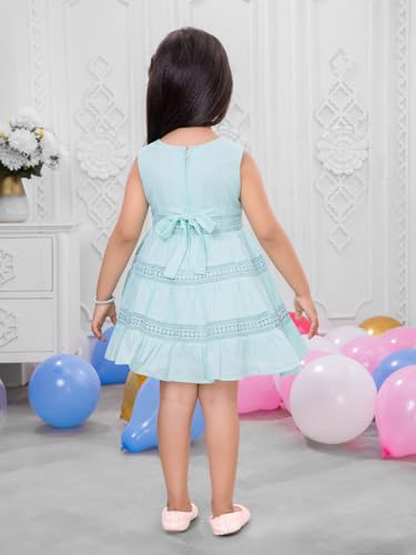 Image of Soft Cotton Lace Work Knee Length Fit & Flare Dress for Kids & Girls, Flower Embellished Frock for Casual & Special Occasion