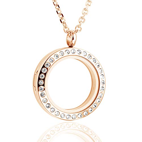 Bg247 Stainless Steel 30Mm Glass Floating Memory Living Locket Circle Necklace (Rose Gold Circle, Rhinestone) #TOP12