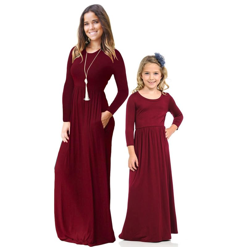 BrightGlow Conjunto de vestido de madre e hija, de manga larga, vestido de playa, vestido largo maxi, vestidos con bolsillos, vestido de otoño e invierno, falda a juego para la familia, falda hasta el