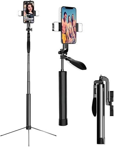 JIULIJIU 71 inch Cell Phone Holde,Selfie Stick Phone Tripod with Remote Dual LED Fill Lights and Stabilizer for Travel, Vlogging, Live Video and