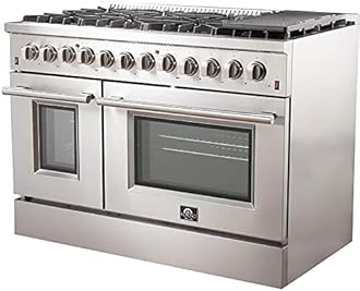 FORNO Galiano Dual Fuel 48" Inch. Freestanding Range 8 Sealed Brass Burners Cooktop - 6.58 Cu. Ft. Double Convection Electric Oven - Stainless Steel Stove Range Heavy Duty Cast Iron Grates