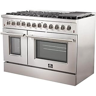 FORNO Galiano Dual Fuel 48" Inch. Freestanding Range 8 Sealed Brass Burners Cooktop - 6.58 Cu. Ft. Double Convection Electric Oven - Stainless Steel Stove Range Heavy Duty Cast Iron Grates
