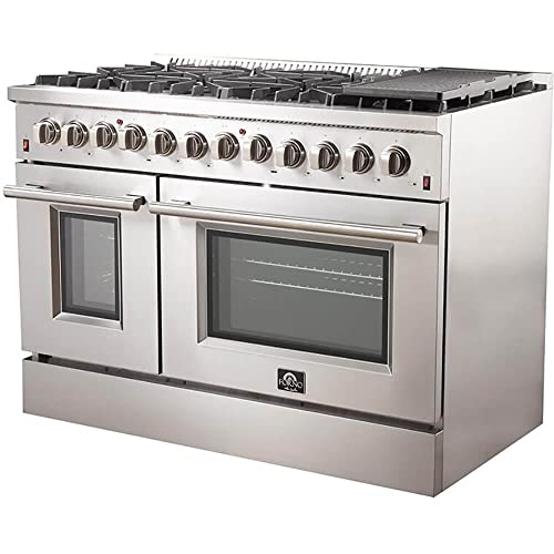 FORNO Galiano Dual Fuel 48" Inch. Freestanding Range 8 Sealed Brass Burners Cooktop - 6.58 Cu. Ft. Double Convection Electric Oven - Stainless Steel Stove Range Heavy Duty Cast Iron Grates