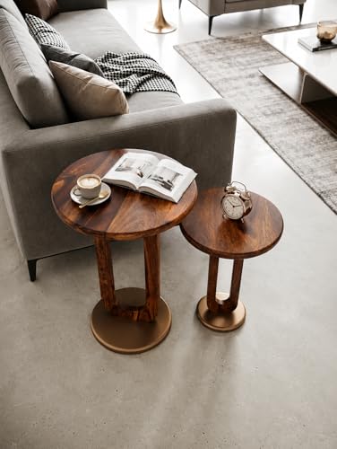 Image of REDWOOD Sheesham Wood End Table Set of 2 | Round Side Table for Living Room, Bedroom & Sofa Side | Space Saving Stackable Accent Coffee Table | Modern Wooden Furniture | Brown & Golden