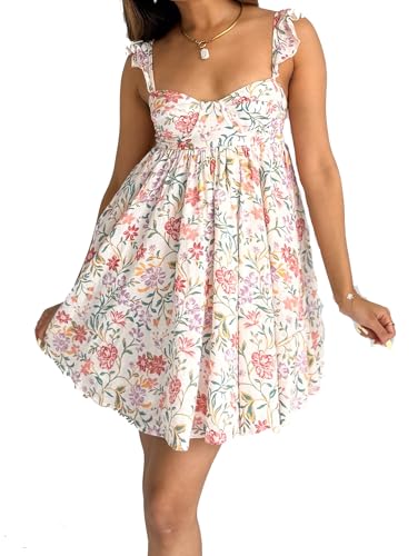 Image of NUFIWI Y2K Ruffle Hem Babydoll Mini Dresses Square Neck Spaghetti Strap Short Dresses Boho Flowy Patchwork Sundress Vocation
