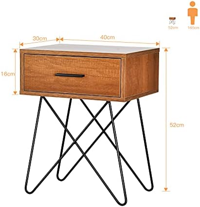 COSTWAY Industrial Bedside Table, Multifunctional Retro Nightstand End Table with Handled Drawer and Metal Leg, Home Office Living Room Bedroom Sofa Side Table (Brown)