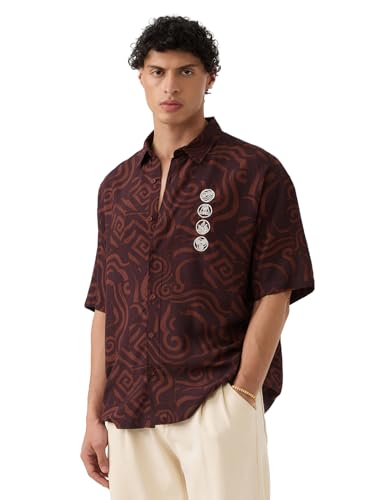 Image of The Souled Store Avatar: Elements Men and Boys Short Sleeves Collared Neck Button Front Brown Embroidered Rayon Oversized Shirts