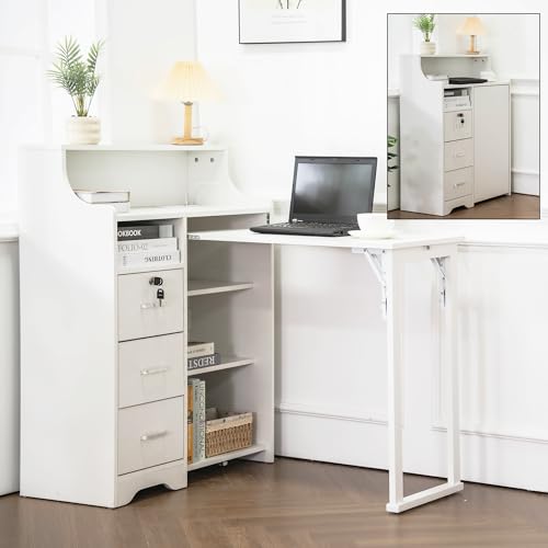 Zethvax Folding Desk with Storage Hidden Desk with Lockable Drawers & Shelves Built-in Power Outlet Fold Out Desk for Study and Home Office