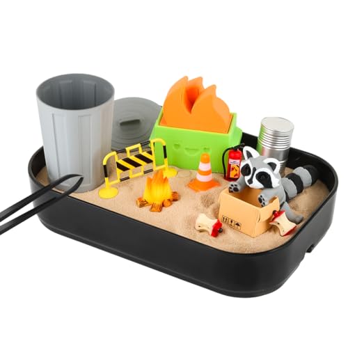 Dumpster Fire Zen Garden for Desk - Mini Dumpster Fire Desk Accessories with Raccoon, Trash Can, Flame - Sand Tray Therapy Kit for Stress Relief - Humorous Office Desk Decor Toys Gift for Coworkers