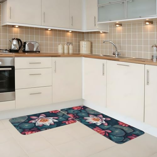 Tapetes de cocina de alta densidad con diseño floral de loto y base firme antideslizante 3