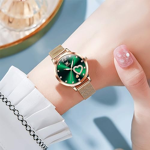 OLEVS Womens Watch, Small Wrist Rose Gold Tone Cute Diamond Heart Arabic Numerals Dial Ladies Watch, Fashion Waterproof Mesh Bracelet Analog Dress Watch for Women