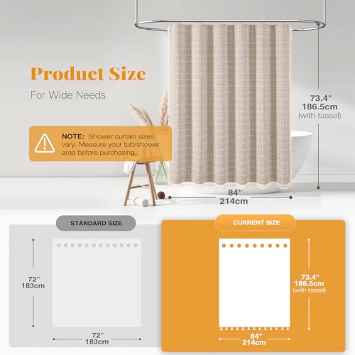 Image of BTTN 84 Inch Wide Shower Curtain - 84x72 Boho Farmhouse Fabric Thick Shower Curtain Set with 14 Plastic Hooks, Large Country Rustic Simple Water-Resistant Cloth Bath Curtains for Bathroom - Taupe /Tan