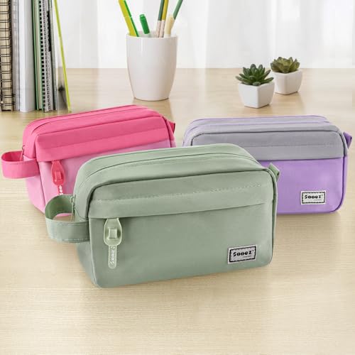Image of Sooez Original High Capacity Pencil Case, Big Pencil Bag Pouch Box Organizer Pen Case, Aesthetic Supply for Girls Adults, Portable Journaling Supplies with Easy Grip Handle & Loop, Olive Green