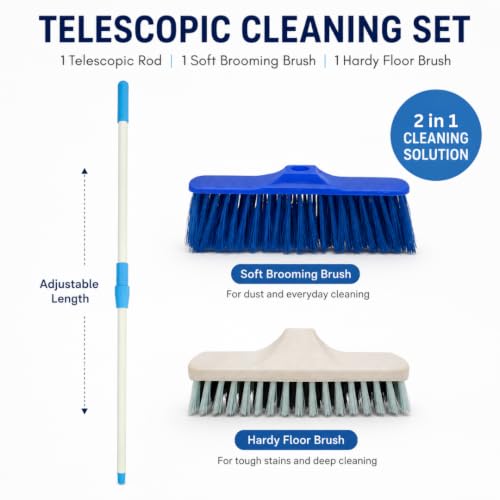 Image of KWEL 2-in-1 Floor Cleaning Brush Combo with 4 fit Telescopic Stick | Interchangeable Soft & Hard Brush Heads | Multipurpose Cleaning Brush for Home, Bathroom, Kitchen & Outdoor