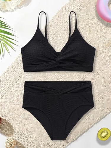 Image of Girls Swimsuit Solid Bathing Suit 2 Piece Twist Cross Adjustable Straps Soft Lining Bikini for Teen Girls with Chest Pad