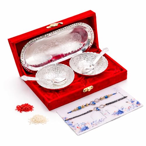 Image of Jaipur Ace Rakhi Gift Hamper for Bhaiya Bhabhi with Silver Plated Bowl Set, Pooja Thali, 2 Designer Rakhis, Roli Chawal, Raksha Bandhan Gift Set for Brother Bhabhi, Premium Rakhi Combo with Red Velvet Box