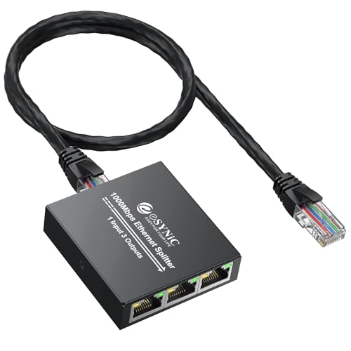 eSynic Switch Ethernet Splitter Gigabit 1 a 3 1000Mbps, Duplicador RJ45 con Cable USB 1M y Red 0.5M, Carcasa Metálica para Mejor Disipación, Plug&Play Compatible con Cat5/6/7/8
