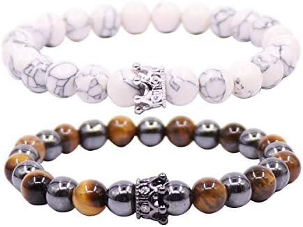 UEUC King&Queen Crown Distance Couple Bracelets His Hers Black Matte Agate 8mm Beads Bracelet