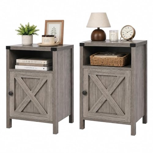 Catrimown Farmhouse End Table Nightstand Set of 2 Rustic Night Stand with Barn Door and Storage Shelf Gray End Table Side Table for Bedroom Living Room Gray Wash