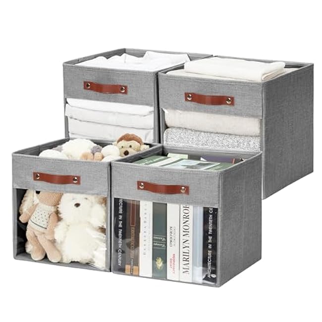 Storage Cube Organizer with Clear Window, Linen Collapsible Storage Boxes with PU Handles, Cube Storage Bins for Shelf, Closet, Cabinet, Bookcase (13x13x13, Gray)