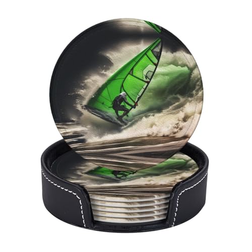 Set di 6 sottobicchieri in pelle con onde giganti e windsurf, per bevande, regalo di inaugurazione della casa, tappetino rotondo per tazza per casa e cucina