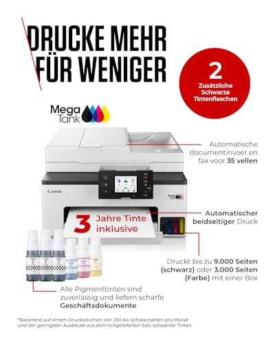 Canon MAXIFY GX2050 Tintenstrahldrucker 4-in-1 Multifunktionsgerät DIN A4 (Drucker, Scanner, Kopierer, Fax, ADF, 600x1200 DPI, WLAN, USB, Duplexdruck, 250 Blatt Kassette) Enthält 6 x Tintenflaschen