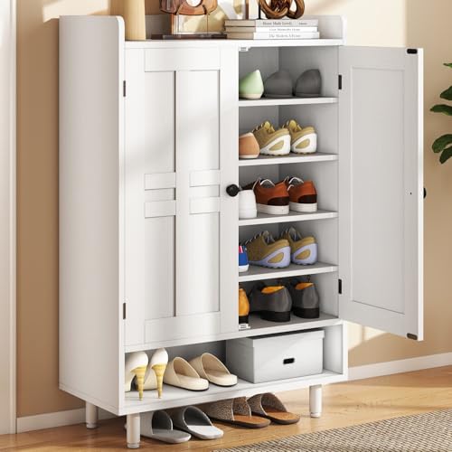 Hawthyhome Weiß Schuhschrank Holz mit Türen Shoe Cabinet für mehrere Familienmitglieder 7+1 Ebenen Flurschrank mit großem Fassungsvermögen Schuhkommode für Wohnzimmer 75 × 35 × 115 cm
