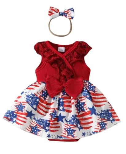 Image of 4th of July Baby Girl Outfit Sleeveless Onesie My 1st 4th of July Romper Dress Fourth of July America Flag Clothes