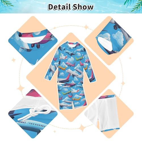 Aircraft Cloud Print Boys Swimsuit Rash Guard Toddler Kids Long Sleeve Swim Shirt and Trunks Swimwear Set 3-10Y3