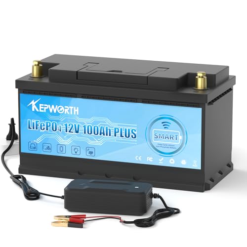 KEPWORTH Batería Litio 12V 100Ah, MAX. 15000 Ciclos con Bluetooth BMS 100A, Baterías de ciclo profundo, Batería LiFePO4 12V para Kayak, Camper, Solar, Barcos de Pesca de Róbalo, Autocaravanas (RV)