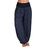 Vertvie Damen Hosen Lang Bedrucken Pumphose Haremshose Sommerhose Yogahose Aladinhose Baggy Harem Stil mit Elastischen Bund(46/Tag 3XL,B-Königsblau)