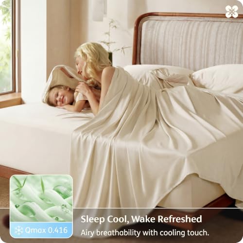 Image of Bedsure 100% Organically Grown Bamboo Viscose Queen Sheet Set | Cooling Bedsheets for Hot Sleepers | Luxury Silky Soft PureWoven | 18 inch Deep Pocket with Corner Straps | Oeko-Tex Certified [Beige]