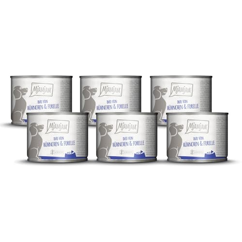 MjAMjAM - Premium Nassfutter für Hunde - DUO von saftigem Hühnchen & Forelle an gedämpfter Zucchini, 6er Pack (6 x 200g), getreidefrei mit extra viel Fleisch