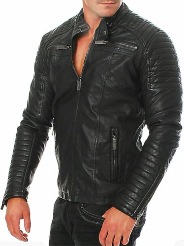 Image of Men's Leather Jacket Cafe Racer Biker Style Retro Stripes Jacket, Motorcycle Racing Leather Jacket (US, Alpha, Small, Regular, Regular, S13) Black Vintage Biker Jacket