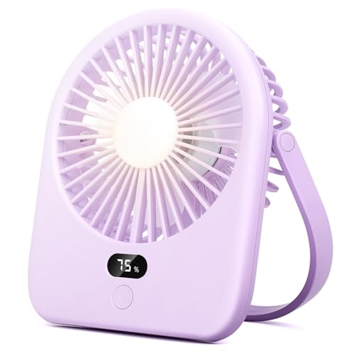 Nezylaf Portable Desk Fan with LED Light, Rechargeable 2000mAh Battery Operated Personal Fan, 180° Tilt Adjustable Small Silent Table Travel Fan, 5 Speeds Desktop Fan for Bedroom, Outdoor