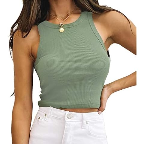 Women 's Basic Sleeveless Tank Top Casual Crew Vest Neck Crop Top Workout Crop Tank Top Shirts Green Cover